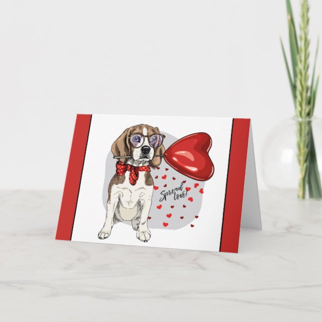 Hipster Beagle Puppy Dog Love Heart Balloon Holiday Card (Front)