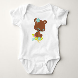 Hipster Bear, Bear With Glasses, Colourful Flowers Baby Bodysuit