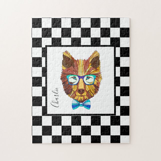 Hipster Bear on B&W Chequerboard, personalised Jigsaw Puzzle (Vertical)