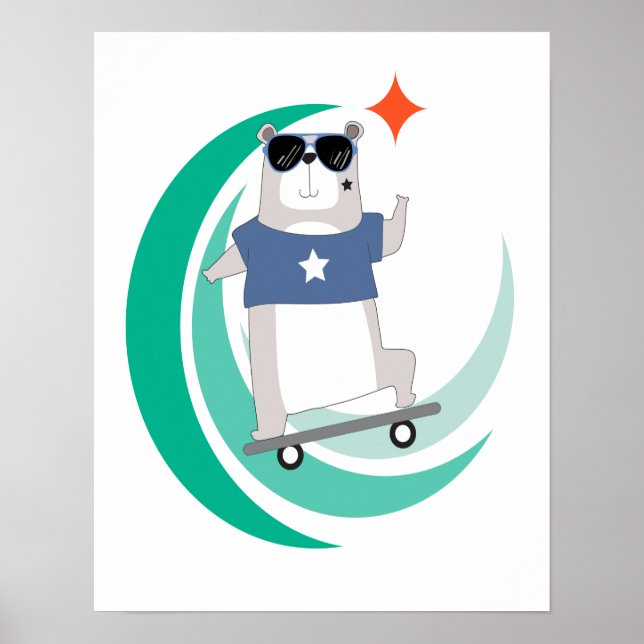 Hipster Bear Riding a Skateboard Poster (Front)