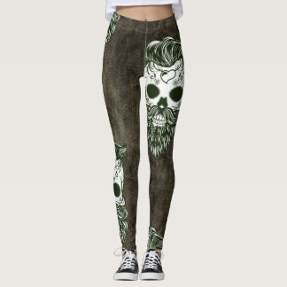Hipster bearded sugar skull Halloween pattern Leggings