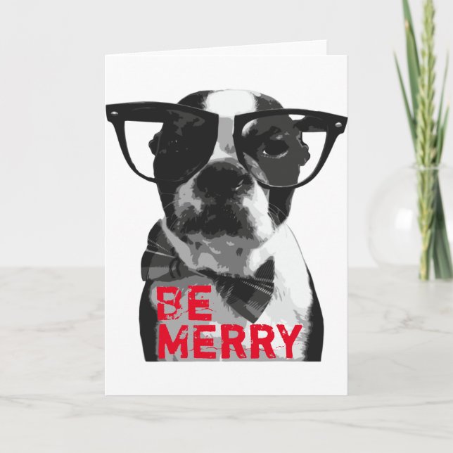 Hipster Boston Terrier Christmas Card (Front)