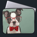 Hipster Boston Terrier Laptop Sleeve<br><div class="desc">Cute illustration of a hipster style boston terrier puppy wearing eye glasses and chic red bow tie on blue background. Designed by Maryline Cazenave.</div>