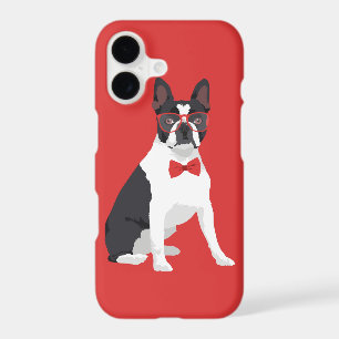 Hipster Boston Terrier with Red Glasses & Bow Tie