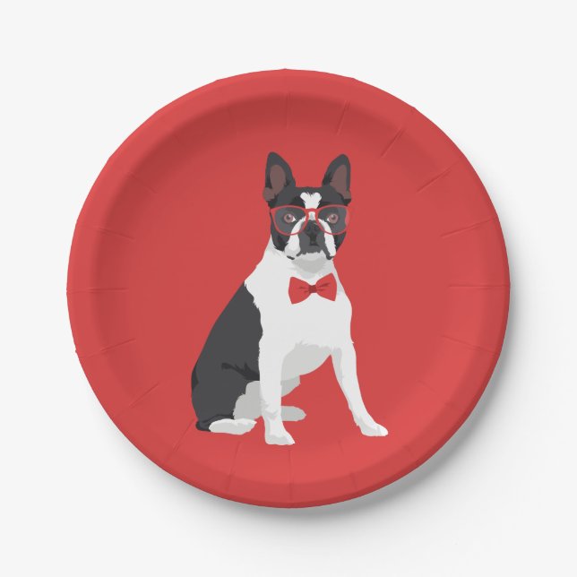 Hipster Boston Terrier with Red Glasses & Bow Tie Paper Plate (Front)