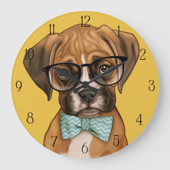 Hipster Boxer Puppy Large Clock (Front)