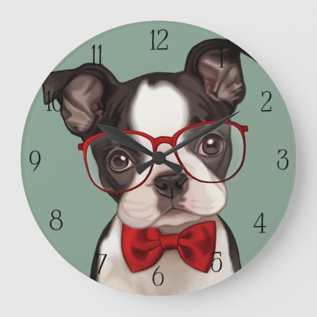Hipster Boxer Puppy Large Clock (Front)
