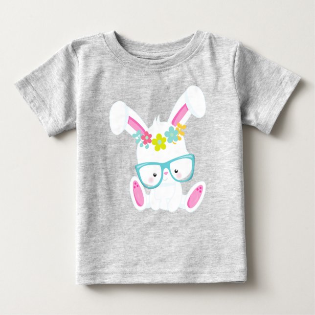 Hipster Bunny, Bunny With Glasses, Rabbit, Flowers Baby T-Shirt (Front)