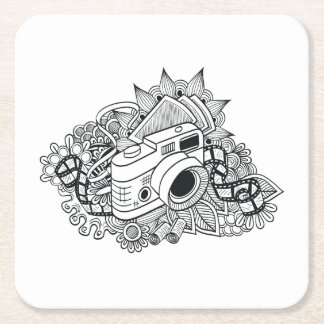 Hipster Camera Doodle Square Paper Coaster