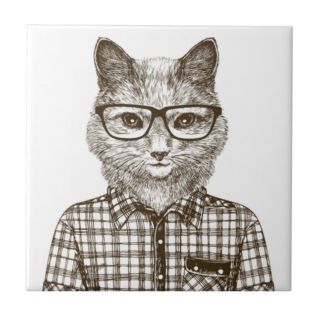 Hipster Cat Ceramic Tile (Front)