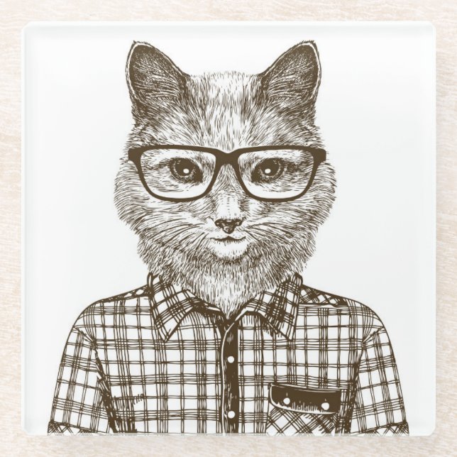 Hipster Cat Glass Coaster (Front)