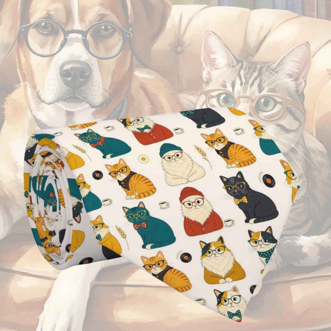 Hipster Cat in Eye Glasses Illustrations Tie (Creator Uploaded)