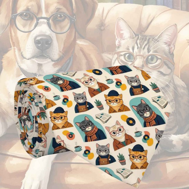 Hipster Cat in Eye Glasses Illustrations Tie (Creator Uploaded)
