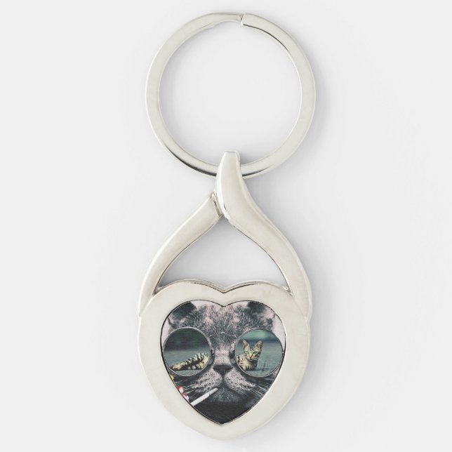 Hipster Cat Smoking Key Ring (Front)