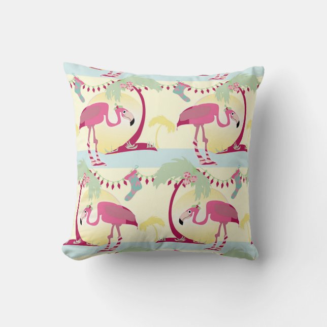 Hipster Christmas Flamingo Palm Holiday Scene Cushion (Front)
