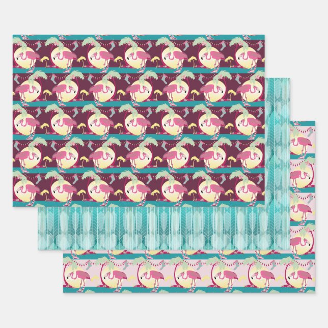 Hipster Christmas Flamingo Palm Holiday Scene Wrapping Paper Sheet (Set)