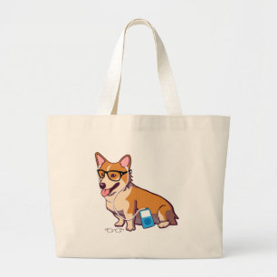 Hipster Corgi (without text) Large Tote Bag