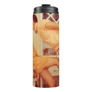 Hipster couple: trendy vintage café. thermal tumbler