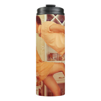 Hipster couple: trendy vintage café. thermal tumbler
