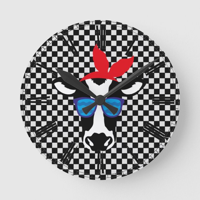 Hipster Cow on Chequerboard Round Clock (Front)