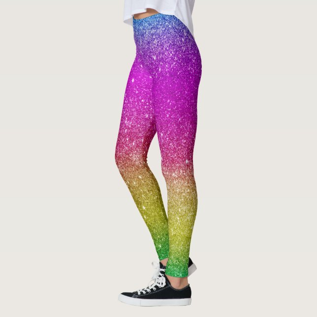 Hipster cute bright pink magenta glitter rainbow leggings (Left)