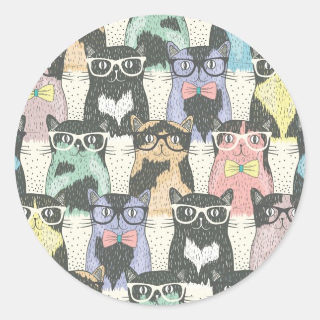 Hipster Cute Cats Pattern Classic Round Sticker (Front)