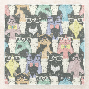 Hipster Cute Cats Pattern Glass Coaster