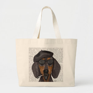 Hipster Dachshund Black and Tan Large Tote Bag