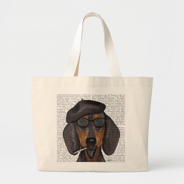 Hipster Dachshund Black and Tan Large Tote Bag (Front)