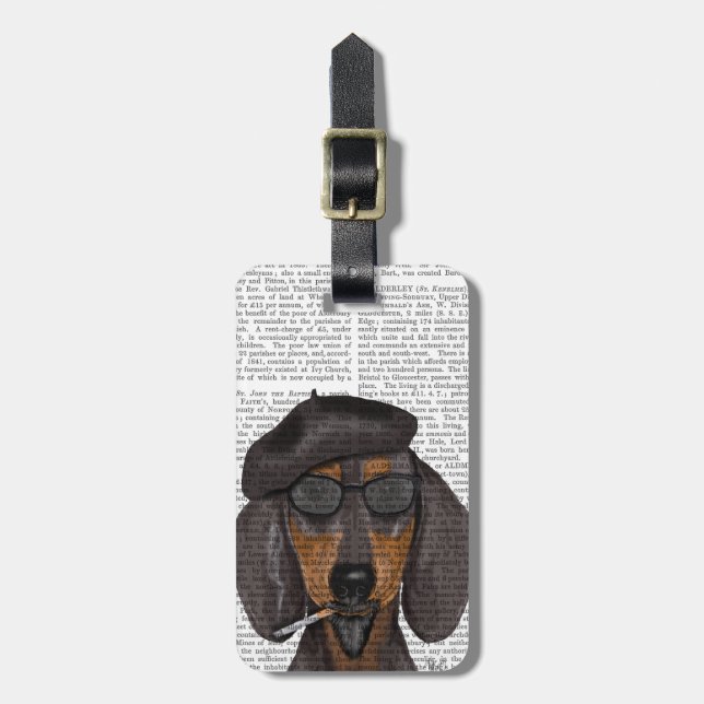 Hipster Dachshund Black and Tan Luggage Tag (Front Vertical)
