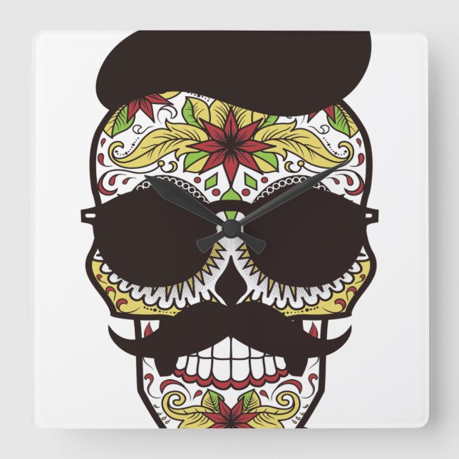 Hipster Day of the Dead Skull Square Wall Clock (Front)