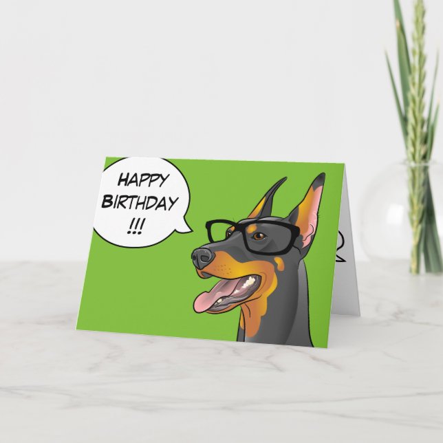 Hipster Dog Birthday Doberman Geek Cartoon Card (Front)