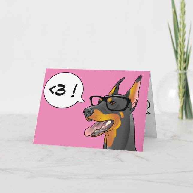 Hipster Dog Valentine Doberman Geek Cartoon Card (Front)