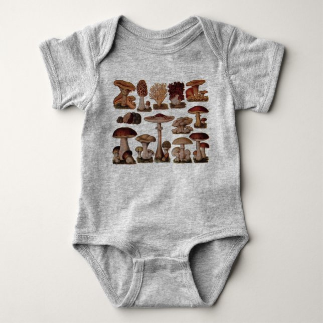 hipster french botanical print vintage mushrooms baby bodysuit (Front)