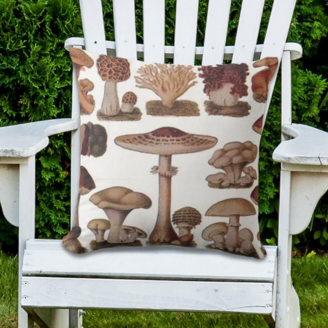 hipster french botanical print vintage mushrooms cushion (hipster french botanical print vintage mushrooms outdoor pillow)