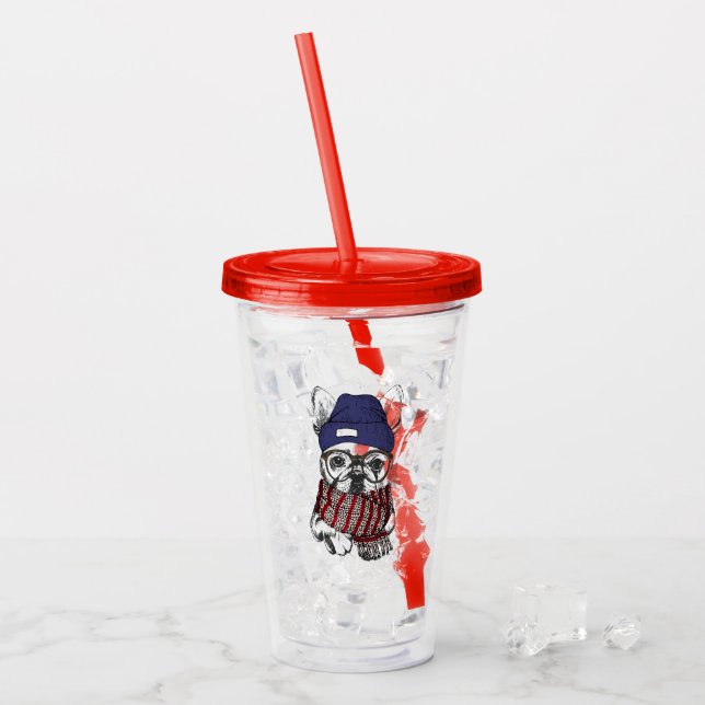 Hipster French Bull Dog Acrylic Tumbler (Front Ice)