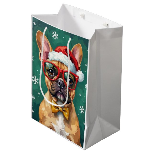 Hipster French Bulldog Santa Glasses Modern  Medium Gift Bag (Front Angled)