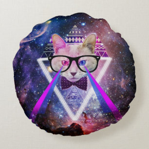 Hipster galaxy cat round cushion
