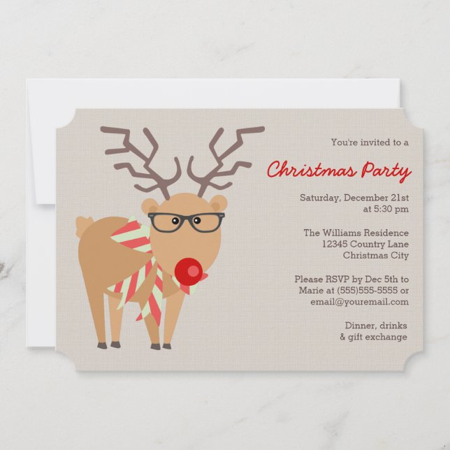 Hipster Glasses and Scarf Reindeer Christmas Party Invitation (Front)