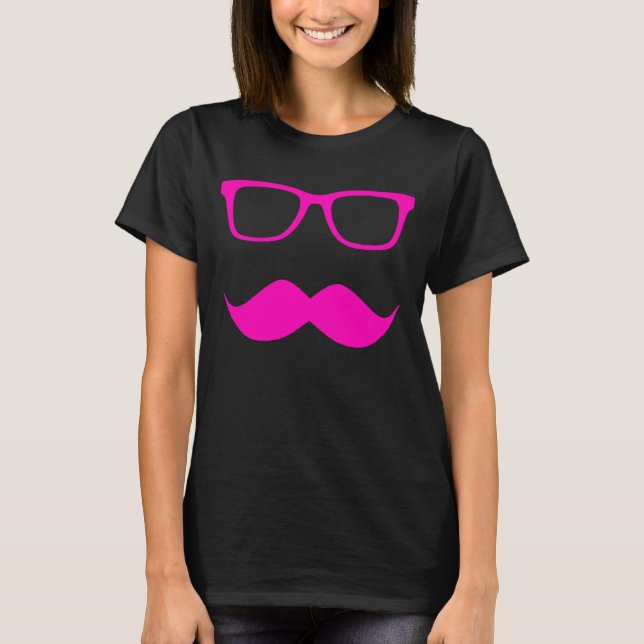 Hipster Glasses + Moustache - Pink T-Shirt (Front)