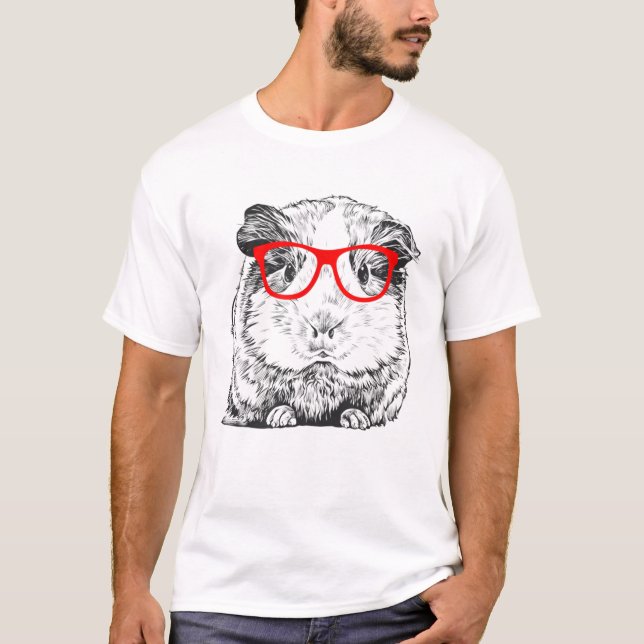 Hipster Guinea Pig in Red Glasses Pet Animal T-Shirt (Front)