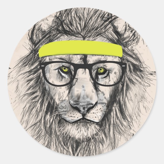 hipster lion (light background) classic round sticker (Front)