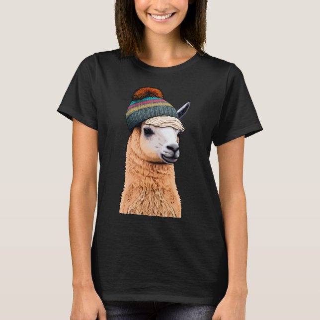 Hipster Llama in Beanie Humour Pop T-Shirt (Front)