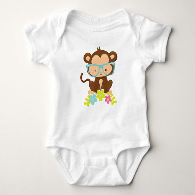 Hipster Monkey, Monkey With Glasses, Flowers Baby Bodysuit (Front)