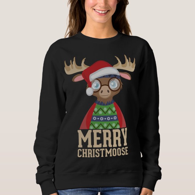 Hipster Moose - Santa Hat - Merry Christmoose Chri Sweatshirt (Front)
