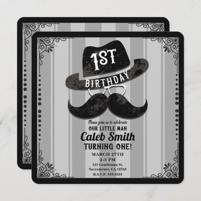 Hipster Moustache Hat Glasses 1st Birthday Party Invitation (Front/Back)