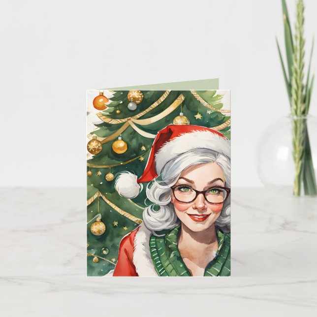 Hipster Mrs. Claus & Cocktail Recipe Christmas Card (Front)