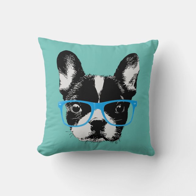 Hipster Nerdy French Bulldog Cushion (Front)