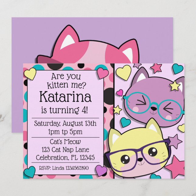 Hipster Nerdy Kitten Cats Girls Birthday Invitation (Front/Back)