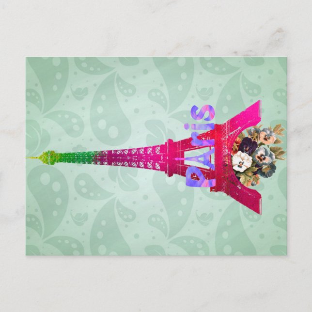 Hipster Paisley Neon French Paris Eiffel Tower Postcard (Front)